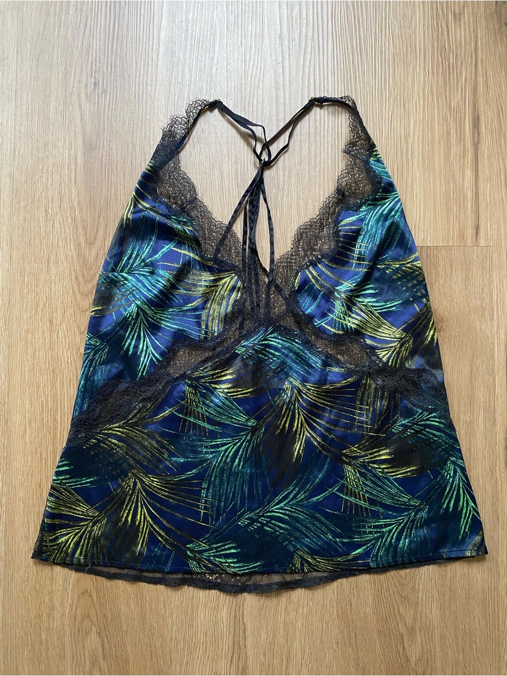 Victoria Secret Blue Green Tropical Silky Lace Trim Cami Top